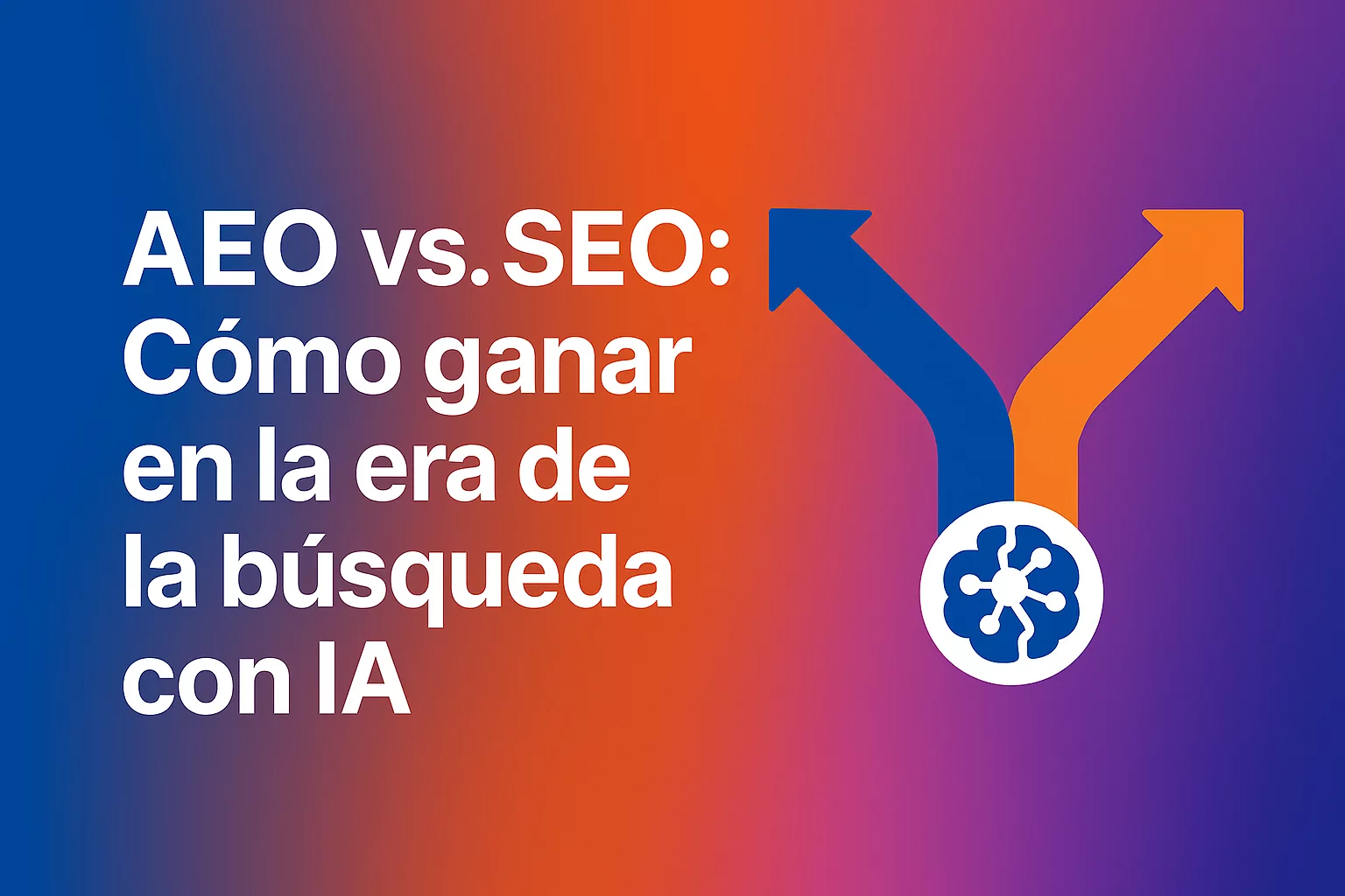 Imagen con el título “AEO vs. SEO: Cómo ganar en la era de la búsqueda con IA” sobre un fondo degradado azul, naranja y violeta, con un diseño de flechas divergentes que representan las diferencias entre SEO y AEO en la era de la inteligencia artificial.